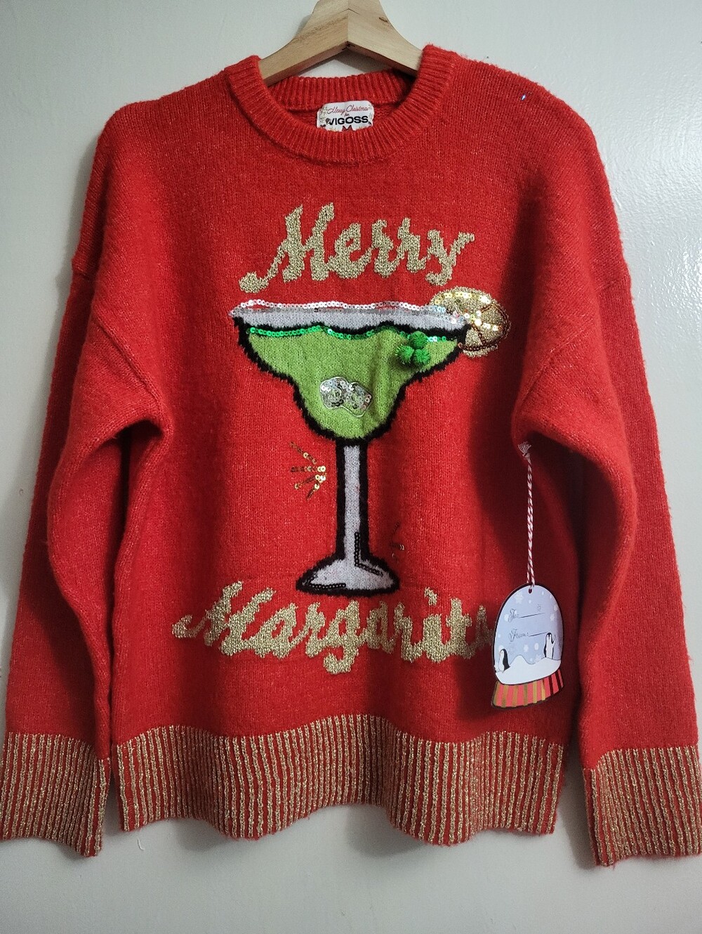 Vigoss Red Crewneck Sweater with Green Sequin Merry Margarita Medium New